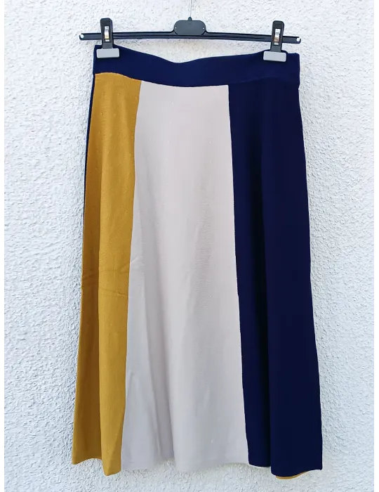 Blue, Beige & Mustard Yellow Knit Midi Skirt