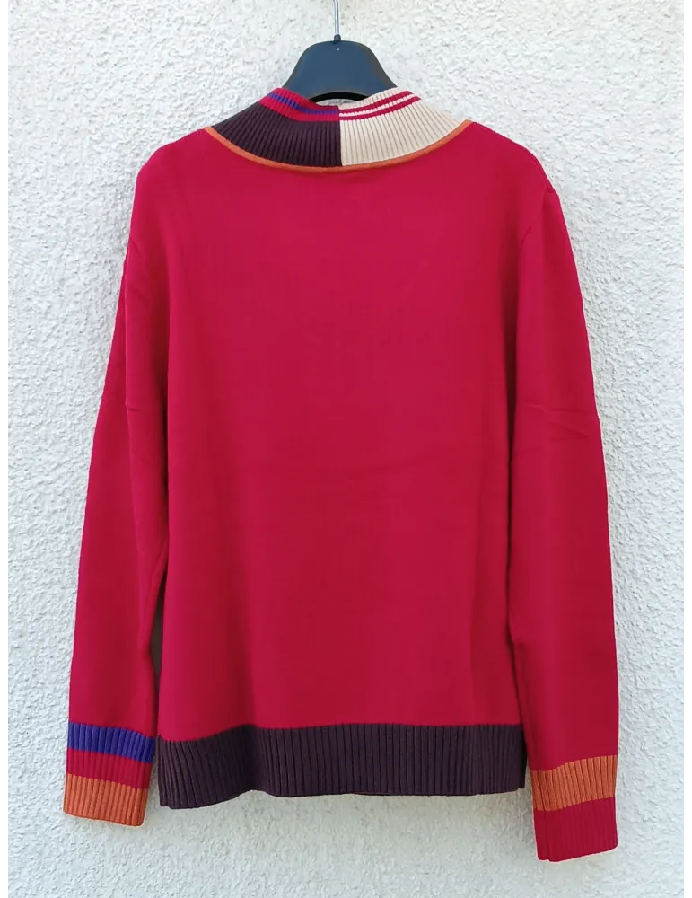 Red Knit Sweater with Purple, Beige & Brown Details