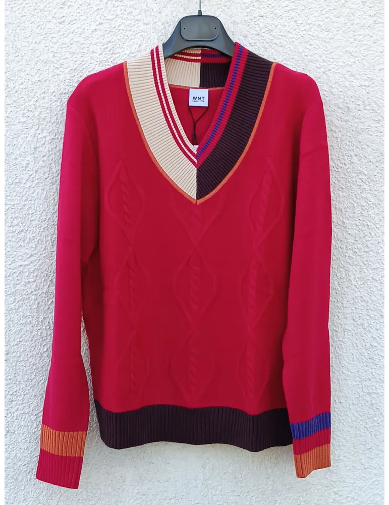 Maglia rossa con inserti sul viola, beige e marrone | WNT colleccion