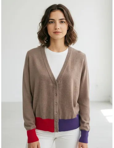 Beige Taupe Cardigan Jacket with Purple and Red Details 2