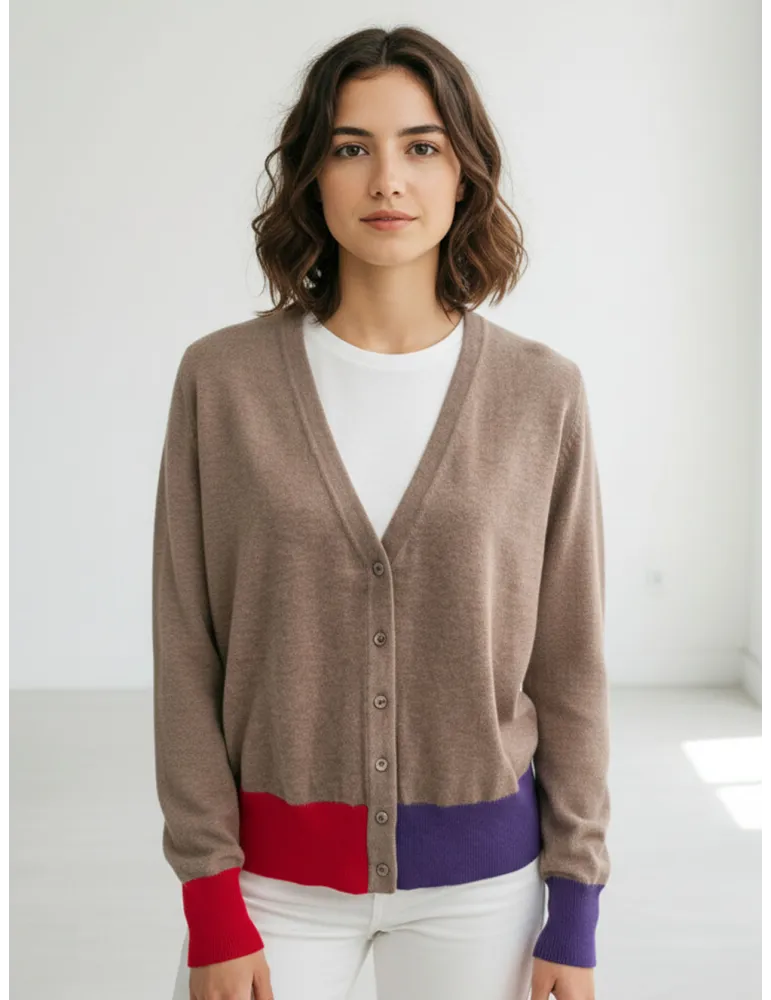 Beige Taupe Cardigan Jacket with Purple and Red Details