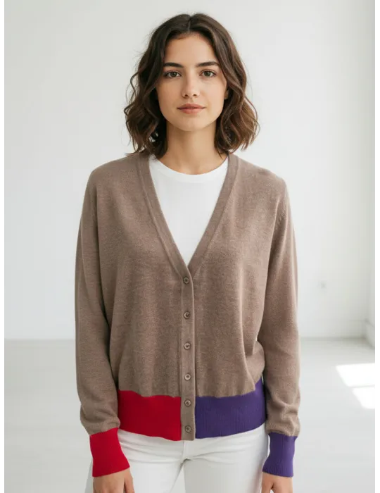 Beige Taupe Cardigan Jacket with Purple and Red Details