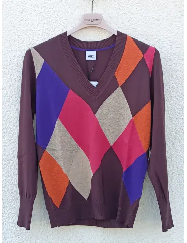 Red Knit Sweater with Purple, Beige & Brown Details