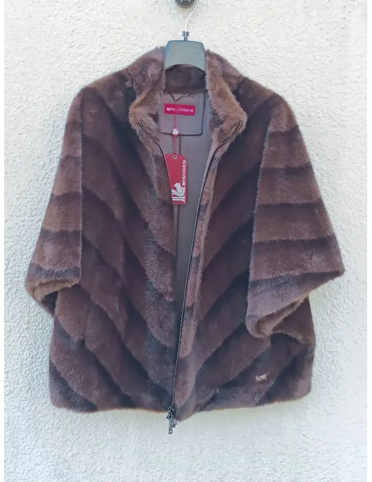 Brown Faux Shearling Cape Jacket with Herringbone Pattern