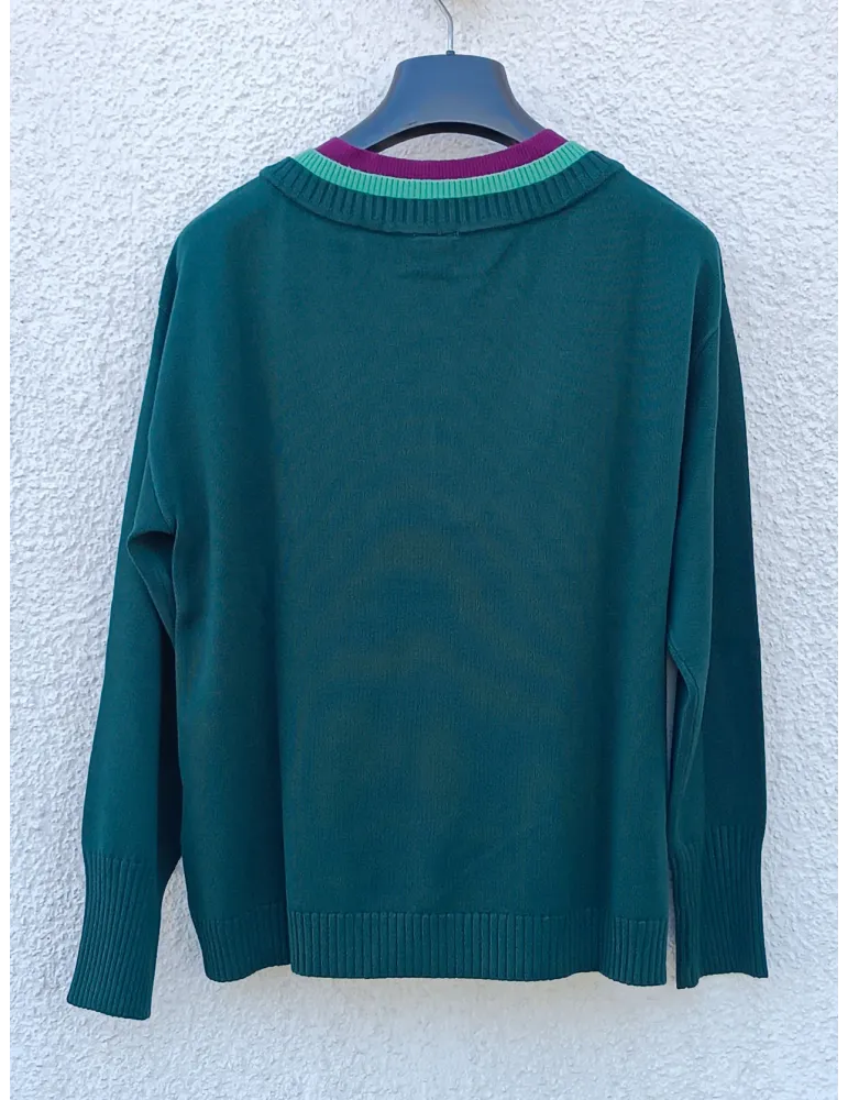 Green Viscose Jersey Sweater with Multicoloured V-neck by WNT