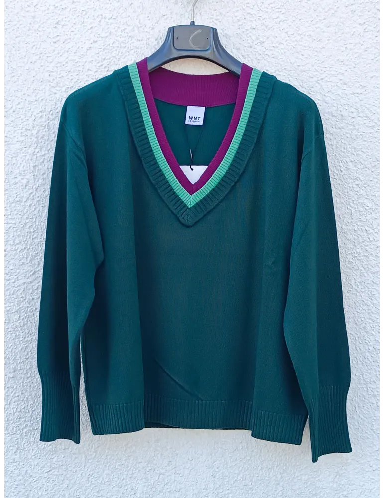 Green Viscose Jersey Sweater with Multicoloured V-neck by WNT