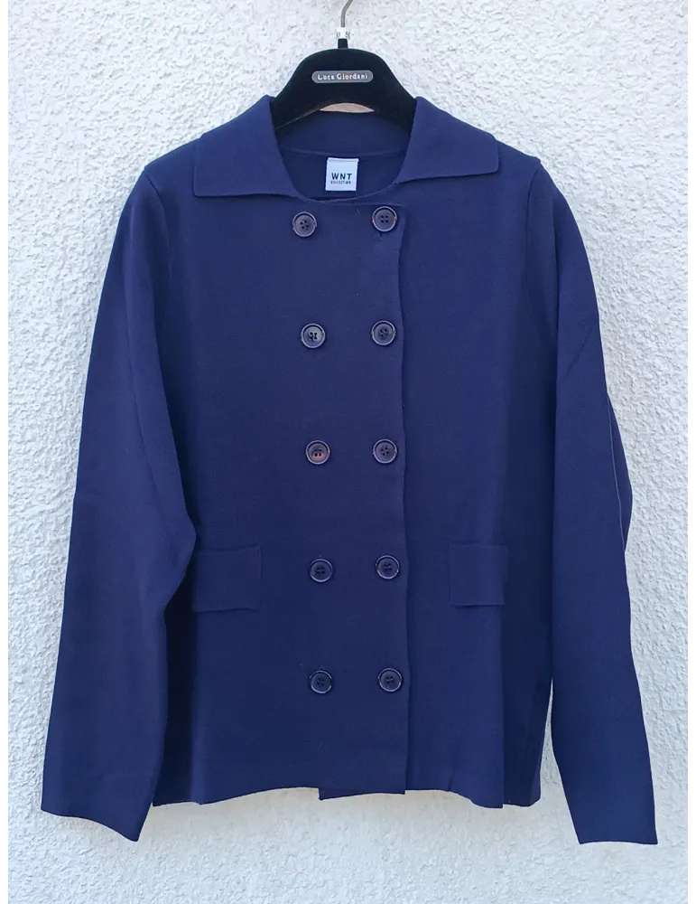 Blue Double-Breasted Jacket with Shirt Collar in honeycomb Viscose