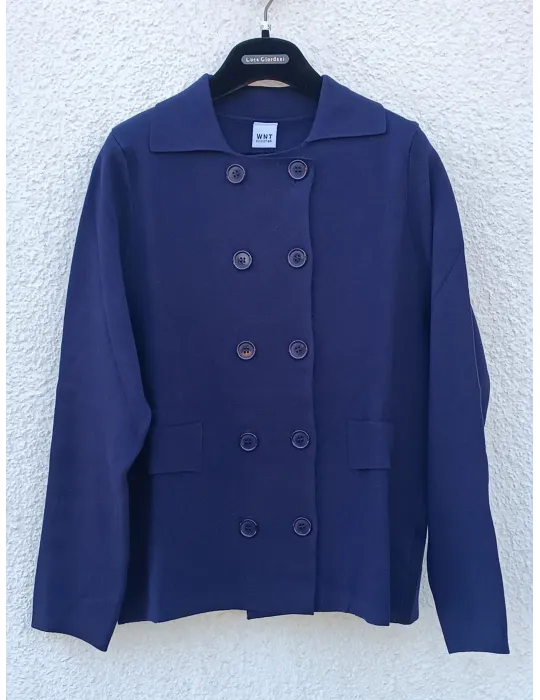Giacca blu doppio petto con collo camicia in viscosa punto stoffa WNT