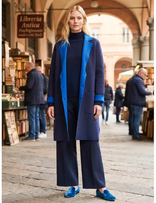 Blue Milano-Stitch Viscose Coat with Light Blue Interior by WNT