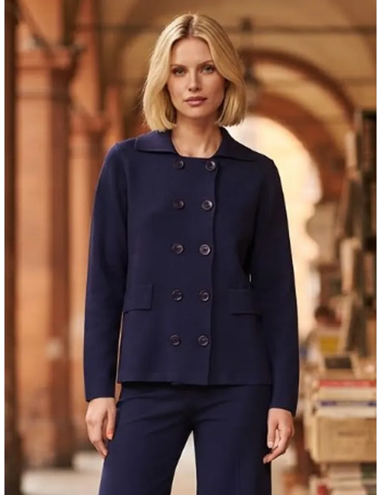 Blue Double-Breasted Jacket with Shirt Collar in honeycomb Viscose