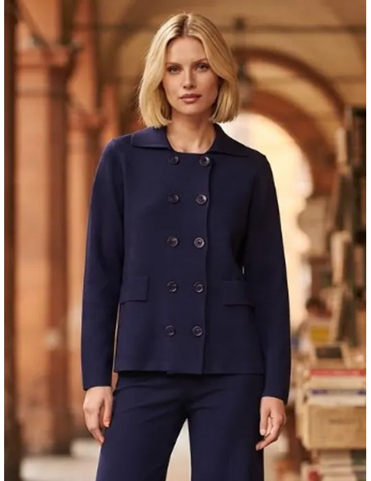 Giacca blu doppio petto con collo camicia in viscosa punto stoffa WNT