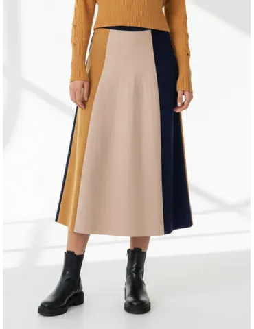 Blue, Beige & Mustard Yellow Knit Midi Skirt
