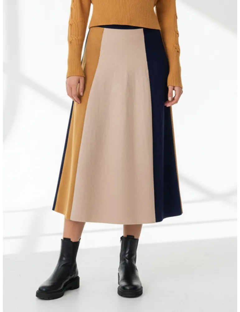Blue, Beige & Mustard Yellow Knit Midi Skirt