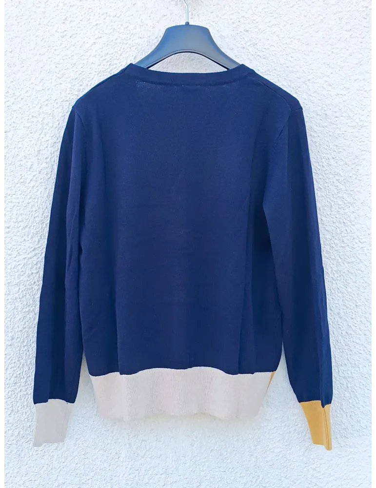 Giacca cardigan blu con inserti beige e giallo senape WNT collection