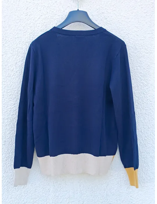 Giacca cardigan blu con inserti beige e giallo senape WNT collection