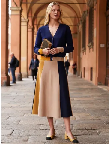 Blue, Beige & Mustard Yellow Knit Midi Skirt 2