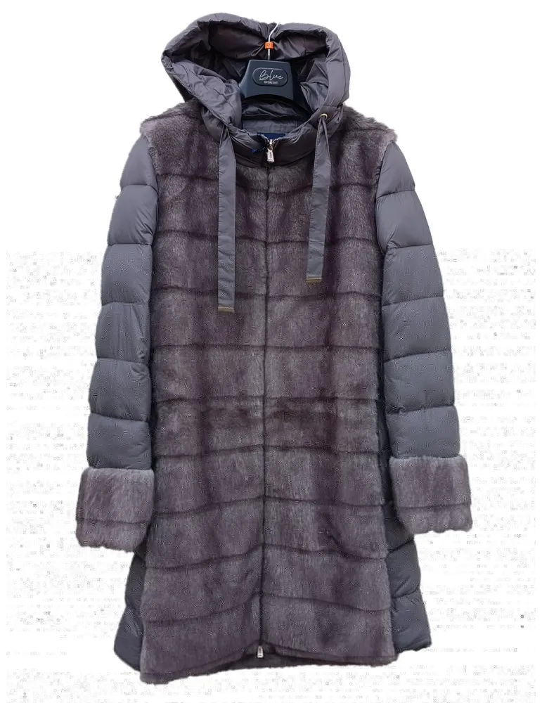 Grey Quilted and Fur-Effect Hooded Coat