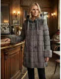 Grey Quilted and Fur-Effect Hooded Coat