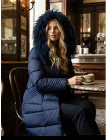 Cappotto piumino blu con cappuccio e pelliccia di Mongolia fino tg 56