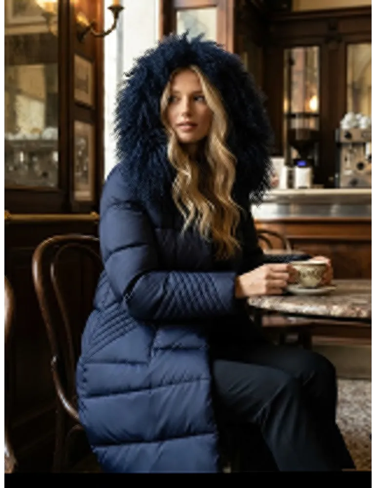 Cappotto piumino blu con cappuccio e pelliccia di Mongolia fino tg 56