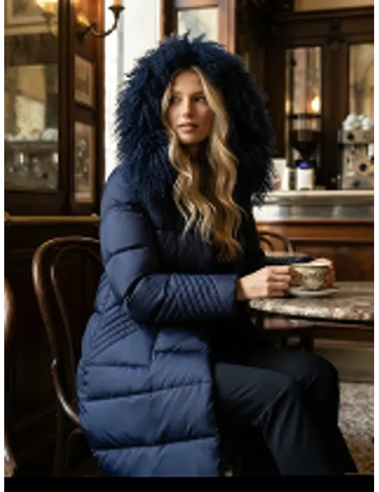 Blue Padded Coat with Detachable Mongolian Fur Hood