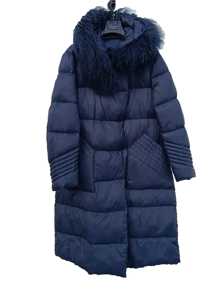 Blue Padded Coat with Detachable Mongolian Fur Hood