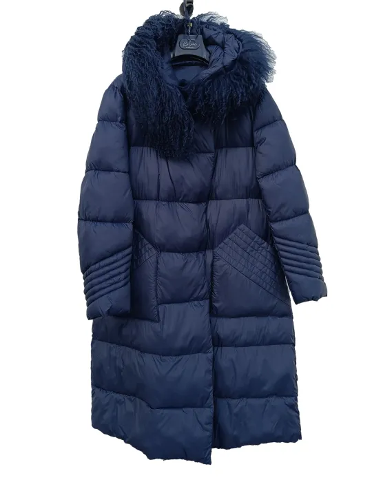 Cappotto piumino blu con cappuccio e pelliccia di Mongolia fino tg 56