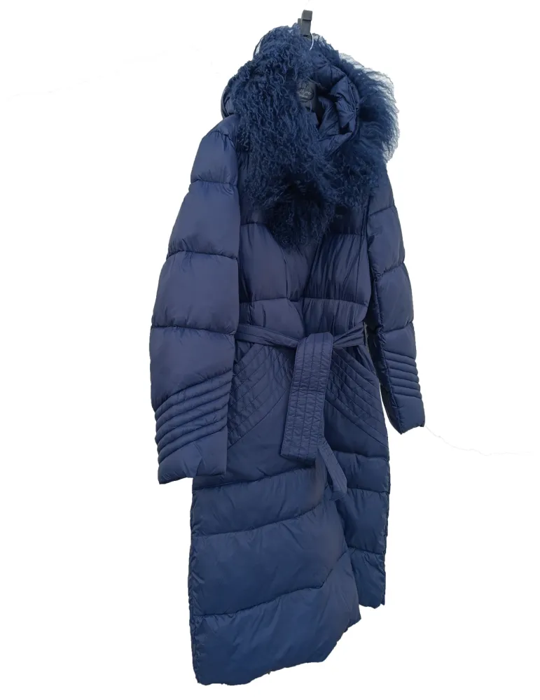 Blue Padded Coat with Detachable Mongolian Fur Hood