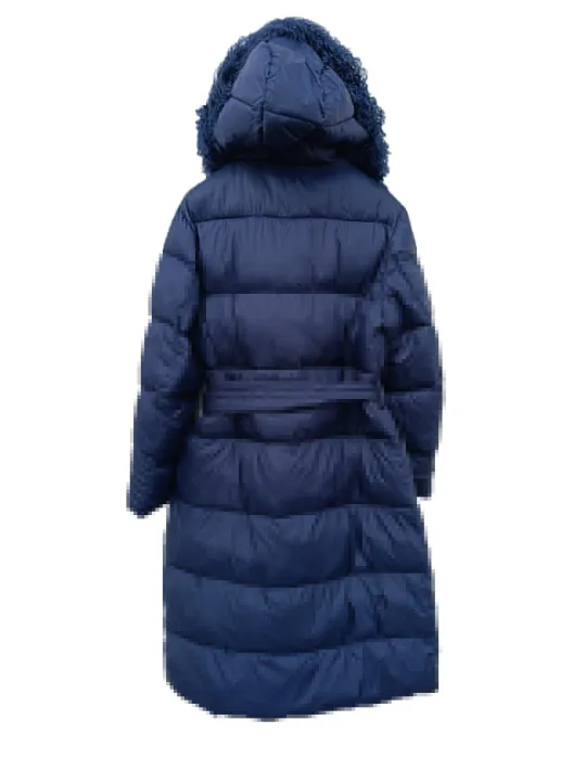 Cappotto piumino blu con cappuccio e pelliccia di Mongolia fino tg 56