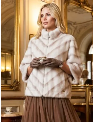Light brown Faux Shearling Cape Jacket with Herringbone Pattern