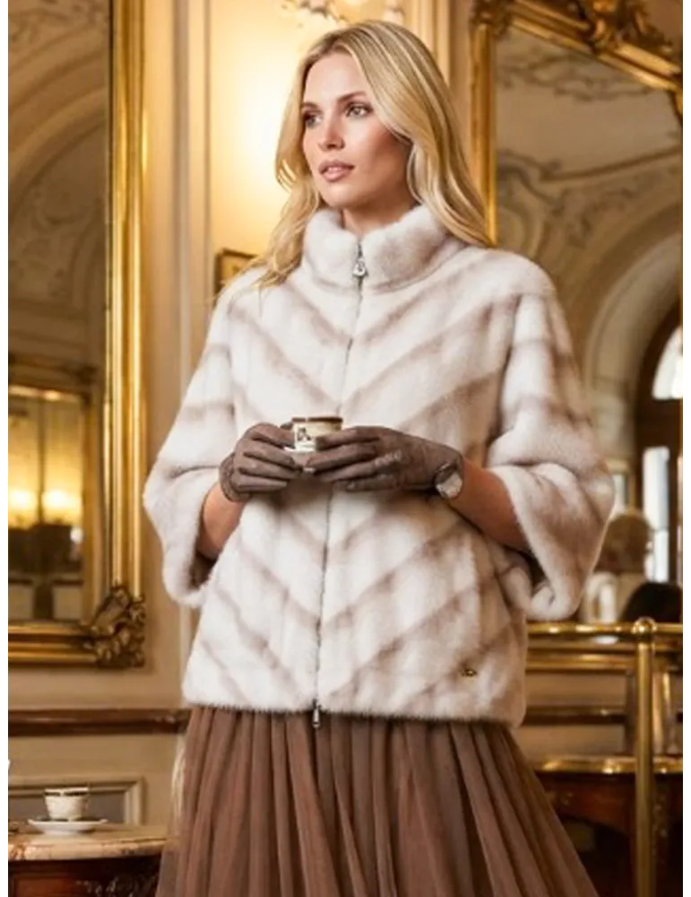 Light brown Faux Shearling Cape Jacket with Herringbone Pattern