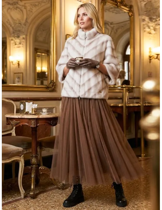 Light brown Faux Shearling Cape Jacket with Herringbone Pattern