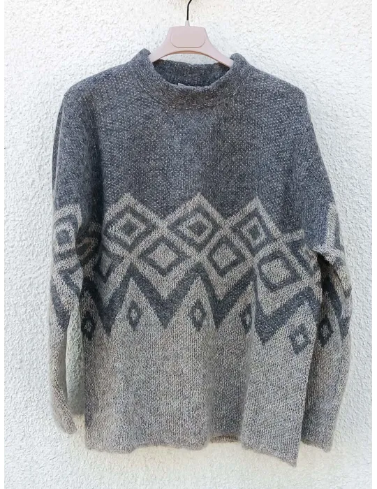 Grey and Beige Alpaca & Mohair Jacquard Sweater