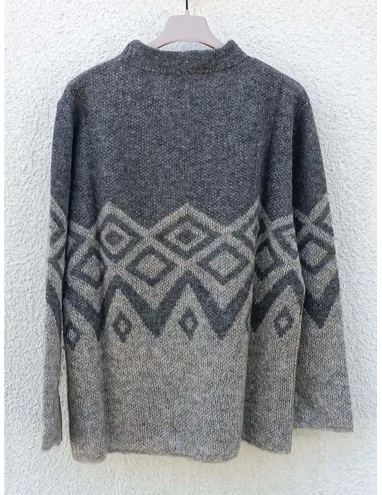 Grey and Beige Alpaca & Mohair Jacquard Sweater