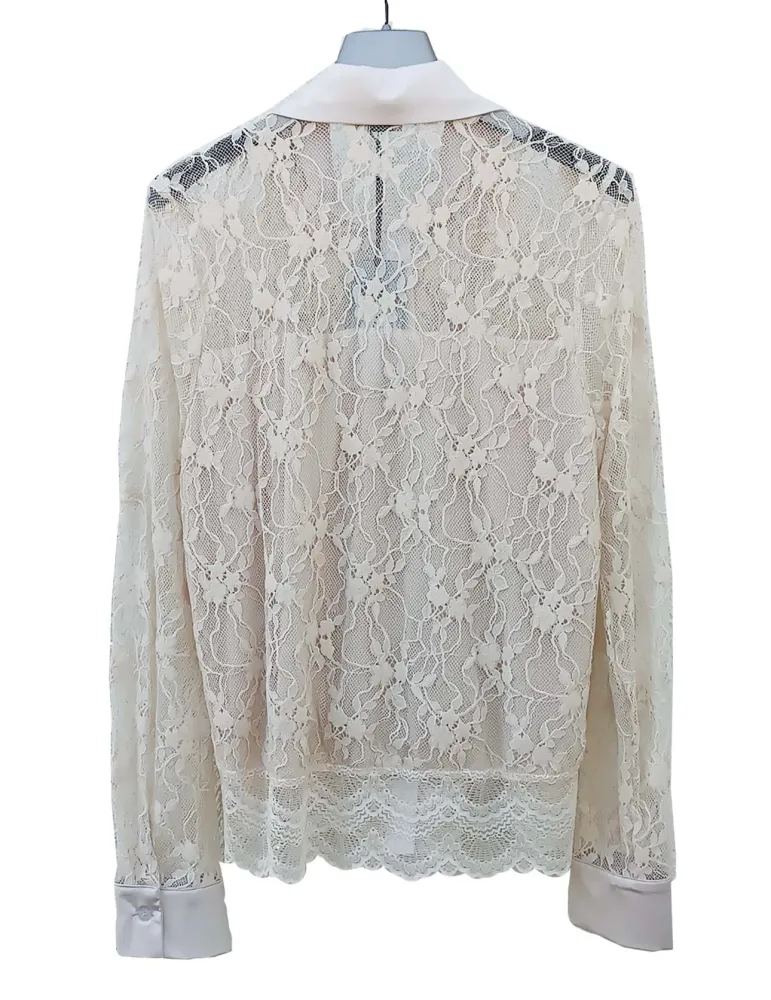 Light Beige Lace Shirt with Ruffles and Sheer Neckline