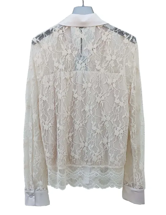 Camicia in pizzo beige con rouches e decoltè trasparente More by Siste