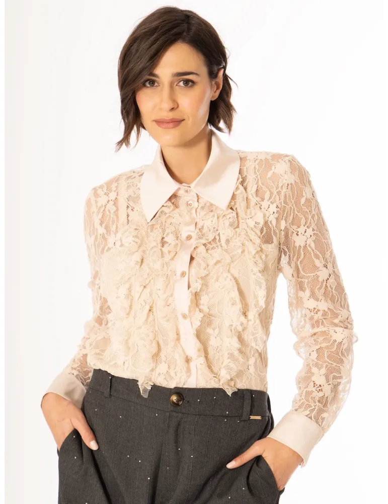 Light Beige Lace Shirt with Ruffles and Sheer Neckline