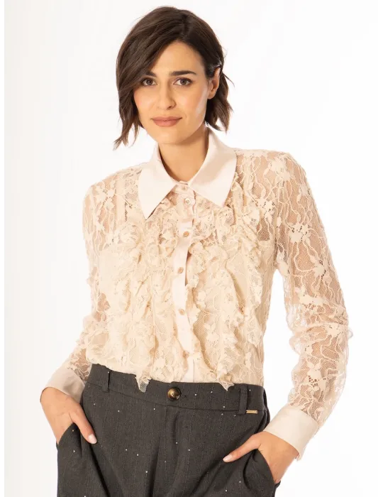 Light Beige Lace Shirt with Ruffles and Sheer Neckline
