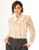 Light Beige Lace Shirt with Ruffles and Sheer Neckline