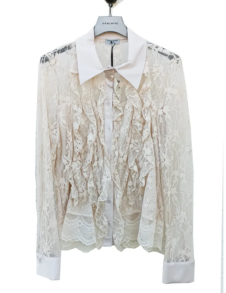 Plussize Italian Beige Lace Shirt with Ruffles and Sheer Neckline