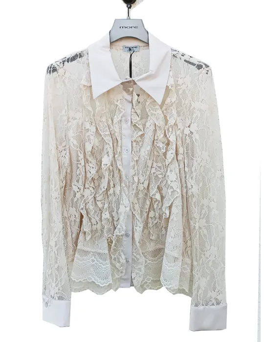Camicia in pizzo beige con rouches e decoltè trasparente More by Siste