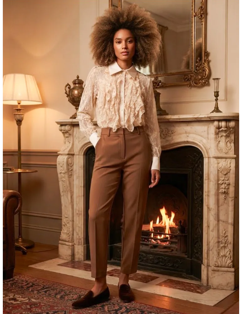 Plussize Italian Beige Lace Shirt with Ruffles and Sheer Neckline