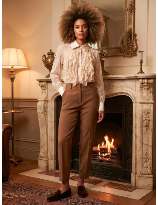 Light Beige Lace Shirt with Ruffles and Sheer Neckline