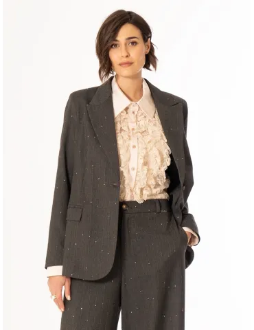Light Beige Lace Shirt with Ruffles and Sheer Neckline 2