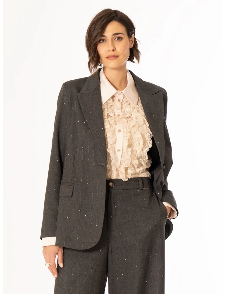 Camicia in pizzo beige con rouches e decoltè trasparente More by Siste