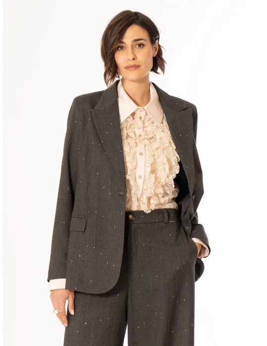 Camicia in pizzo beige con rouches e decoltè trasparente More by Siste