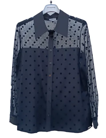 Plussize Italian Black mesh with velvet polka dots Shirt and Sheer Neckline