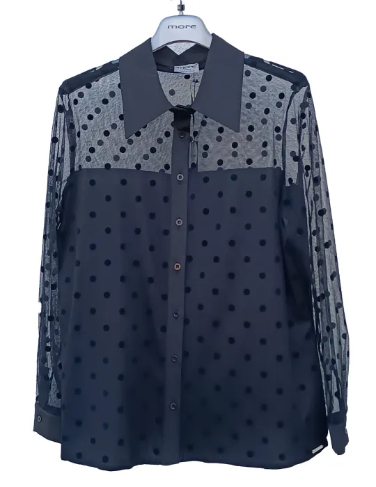 Plussize Italian Black mesh with velvet polka dots Shirt and Sheer Neckline