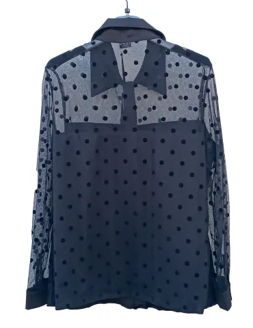 Plussize Italian Black mesh with velvet polka dots Shirt and Sheer Neckline 2