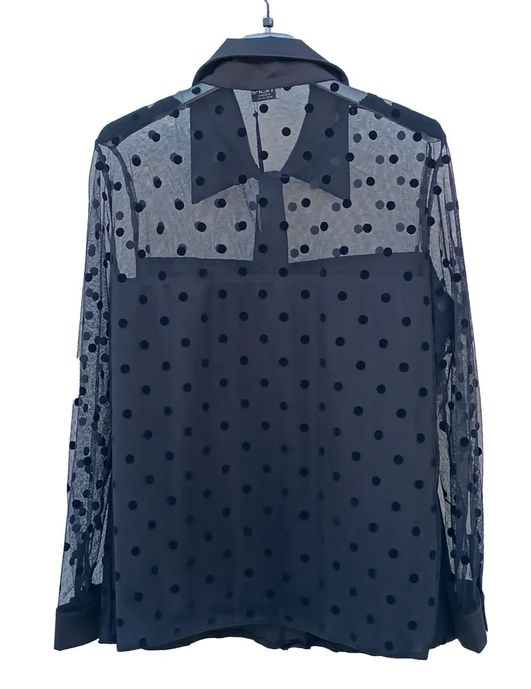 Black mesh with velvet polka dots Shirt and Sheer Neckline